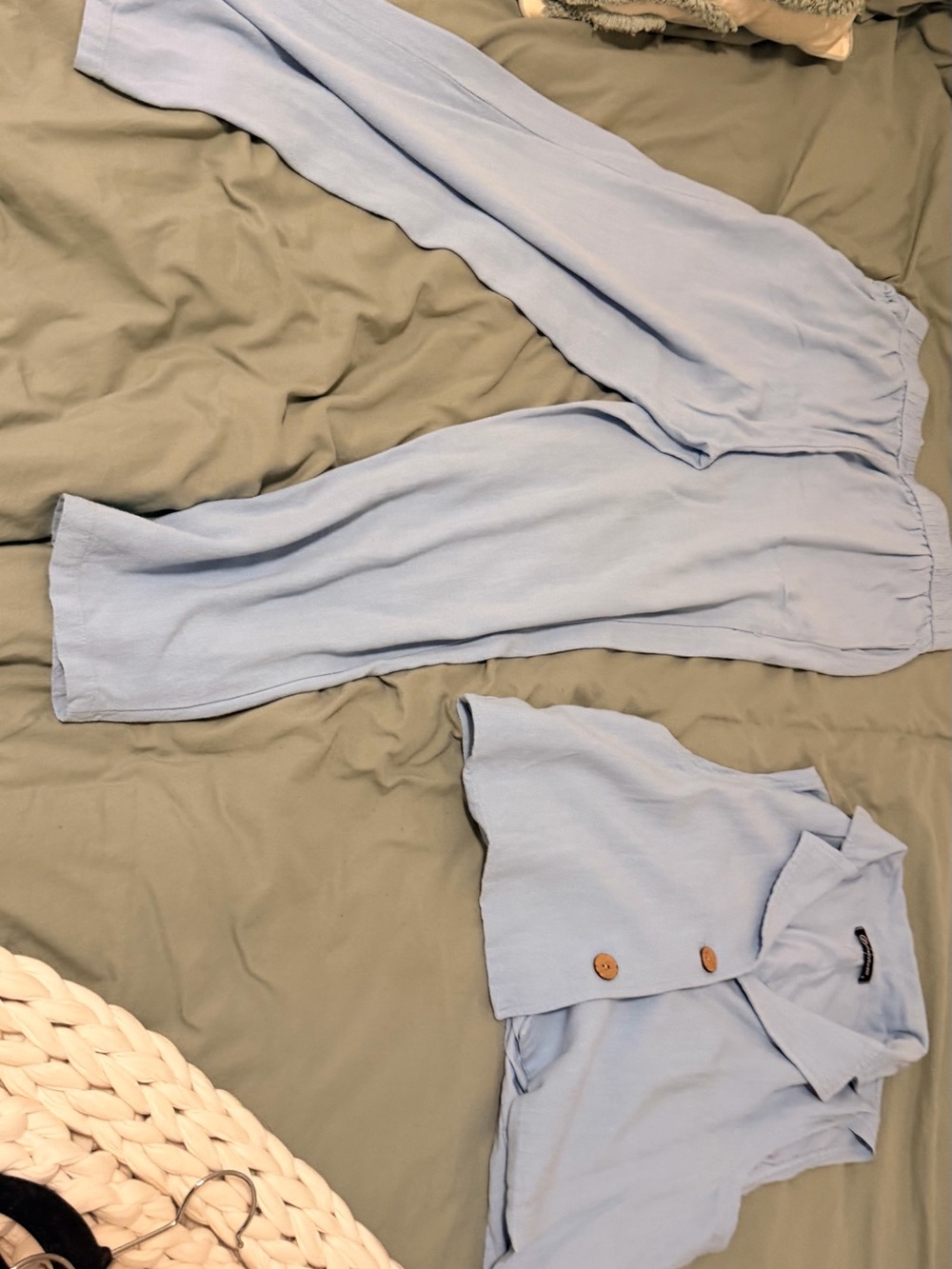 Light Blue Women's Wide-Leg Linen Pants and Cropped Button Top Set